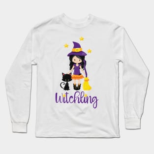 Witchling Design Young Witch Black Cat Halloween Wicca Long Sleeve T-Shirt